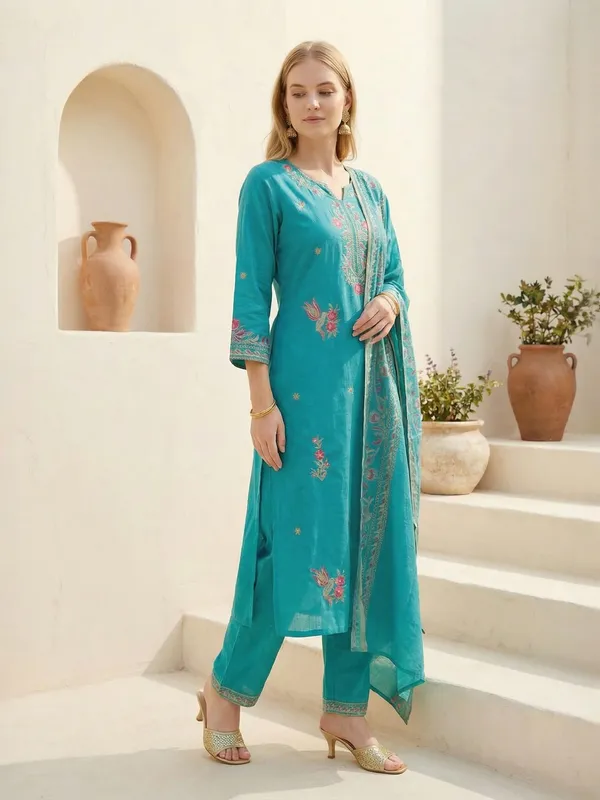 Blue_Embroidered_Viscose_Rayon_Kurta_Trouser_Dupatta_Set