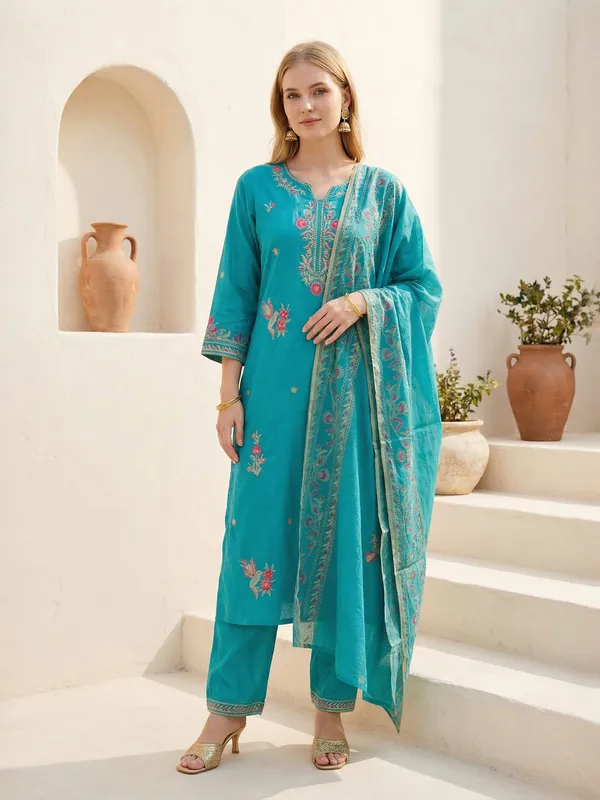 Blue_Embroidered_Viscose_Rayon_Kurta_Trouser_Dupatta_Set