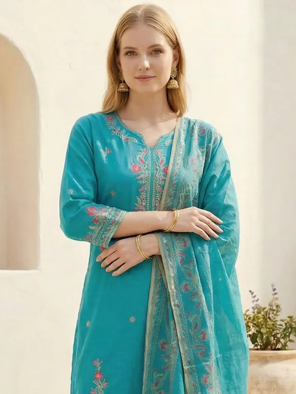 Blue_Embroidered_Viscose_Rayon_Kurta_Trouser_Dupatta_Set