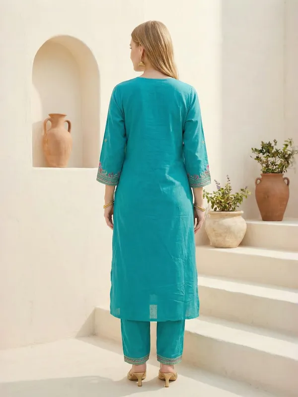 Blue_Embroidered_Viscose_Rayon_Kurta_Trouser_Dupatta_Set