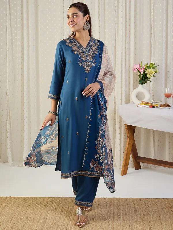 Blue_Embroidered_Viscose_Rayon_Kurta_Trouser_Dupatta_Set