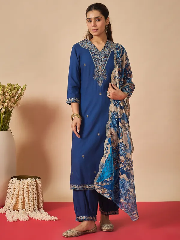 Blue_Embroidered_Viscose_Rayon_Kurta_Trouser_Dupatta_Set