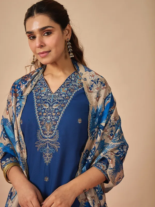 Blue_Embroidered_Viscose_Rayon_Kurta_Trouser_Dupatta_Set