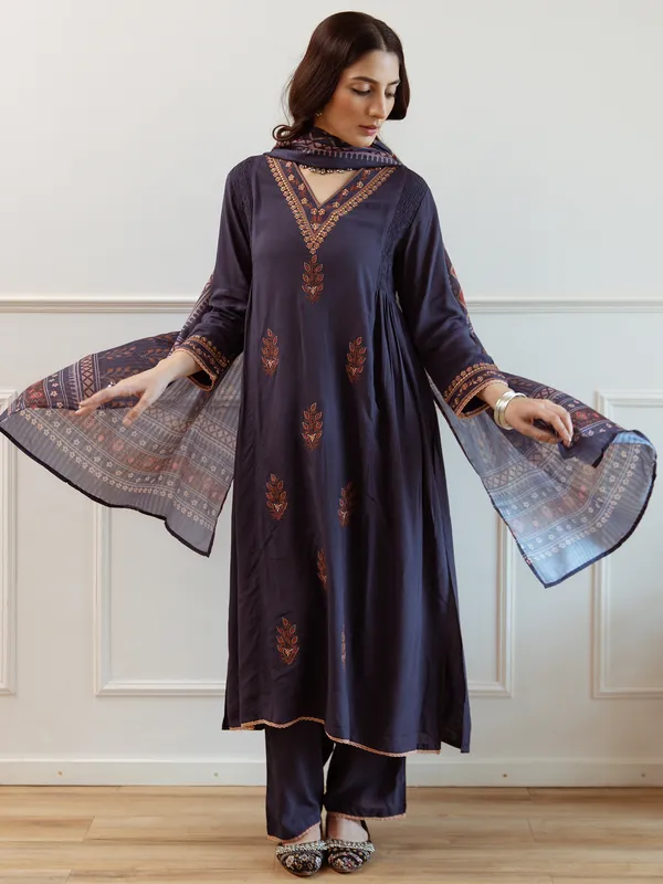Blue_Embroidered_Viscose_Rayon_Kurta_Trouser_Dupatta_Set