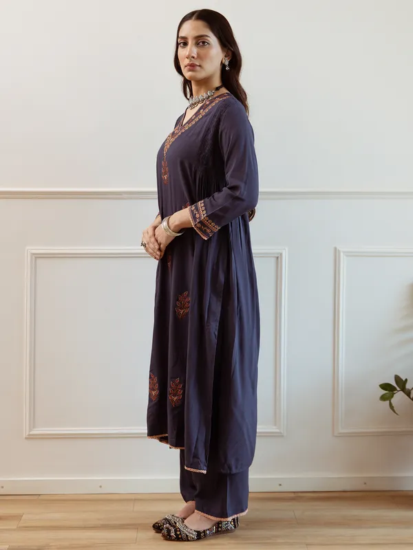 Blue_Embroidered_Viscose_Rayon_Kurta_Trouser_Dupatta_Set
