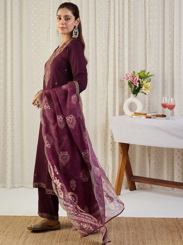 Maroon_Embroidered_Straight_Kurta_Palazzos_With_Dupatta_set