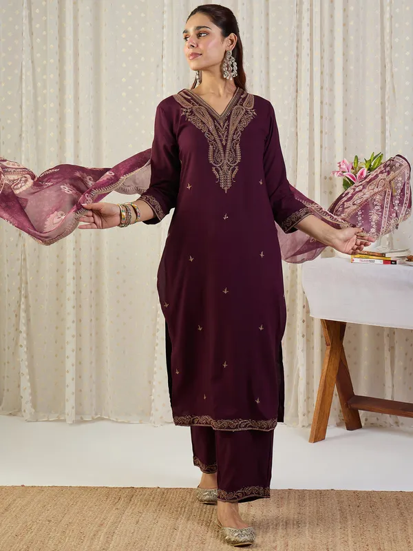 Maroon_Embroidered_Straight_Kurta_Palazzos_With_Dupatta_set