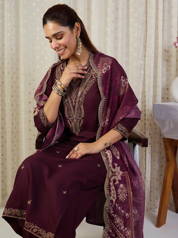 Maroon_Embroidered_Straight_Kurta_Palazzos_With_Dupatta_set