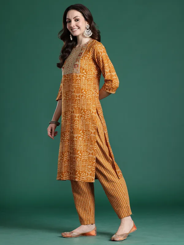 Mustard_Printed_Pure_Cotton_Kurta_Trouser_Dupatta_Set