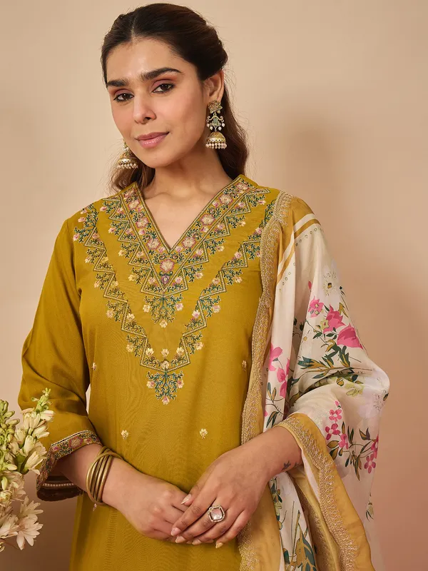 Mustard_Embroidered_Viscose_Rayon_Kurta_Trouser_Dupatta_Set