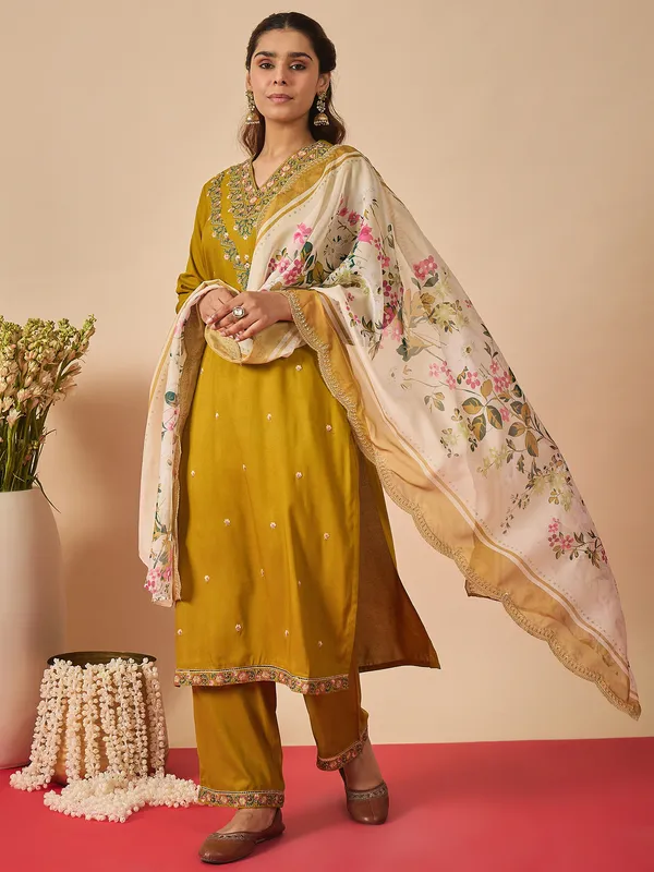 Mustard_Embroidered_Viscose_Rayon_Kurta_Trouser_Dupatta_Set