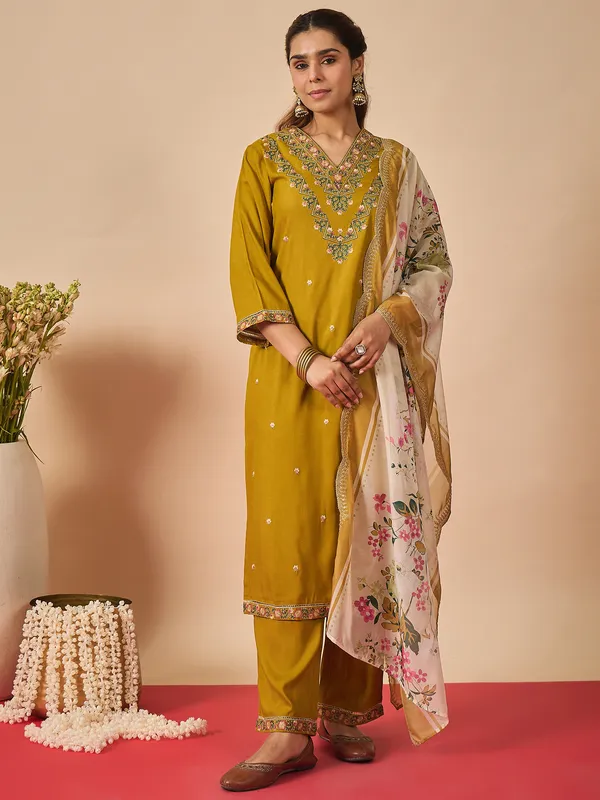 Mustard_Embroidered_Viscose_Rayon_Kurta_Trouser_Dupatta_Set