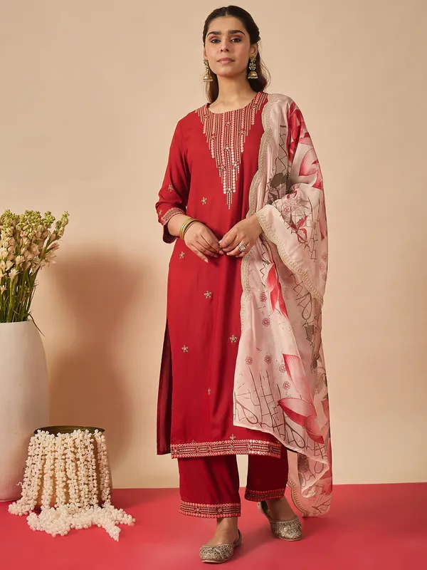 Orange_Embroidered_Viscose_Rayon_Kurta_Trouser_Dupatta_Set
