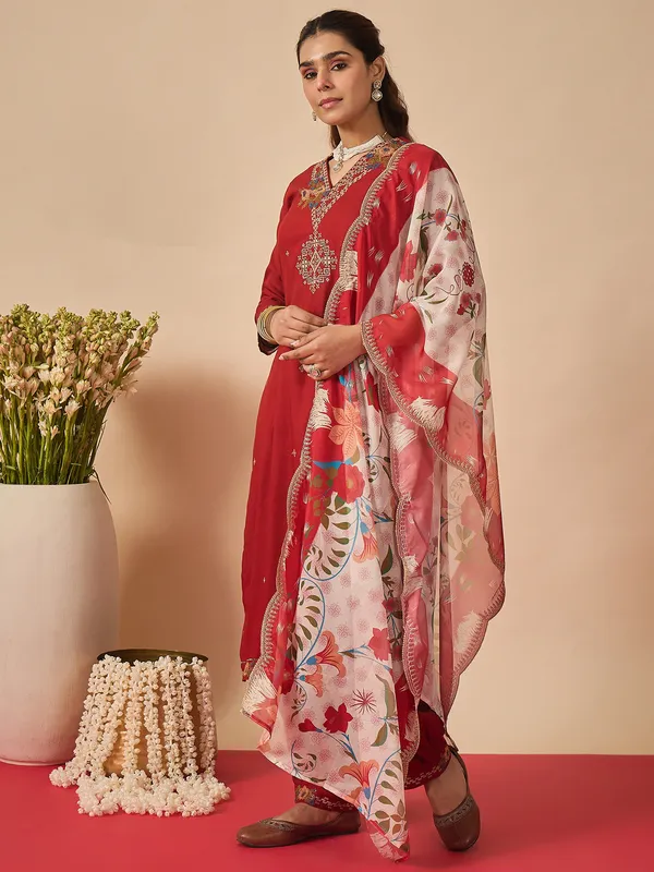 Orange_Embroidered_Viscose_Rayon_Kurta_Trouser_Dupatta_Set