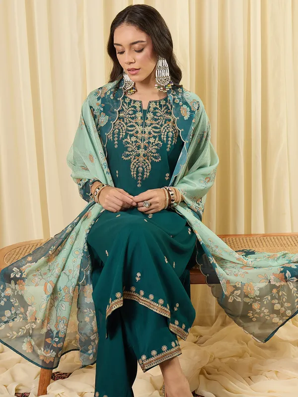 Teal_Viscose_Rayon_Embroidered_Kurta_Trouser_Dupatta_Set