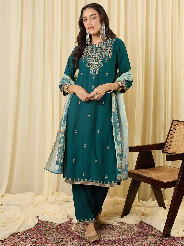 Teal_Viscose_Rayon_Embroidered_Kurta_Trouser_Dupatta_Set