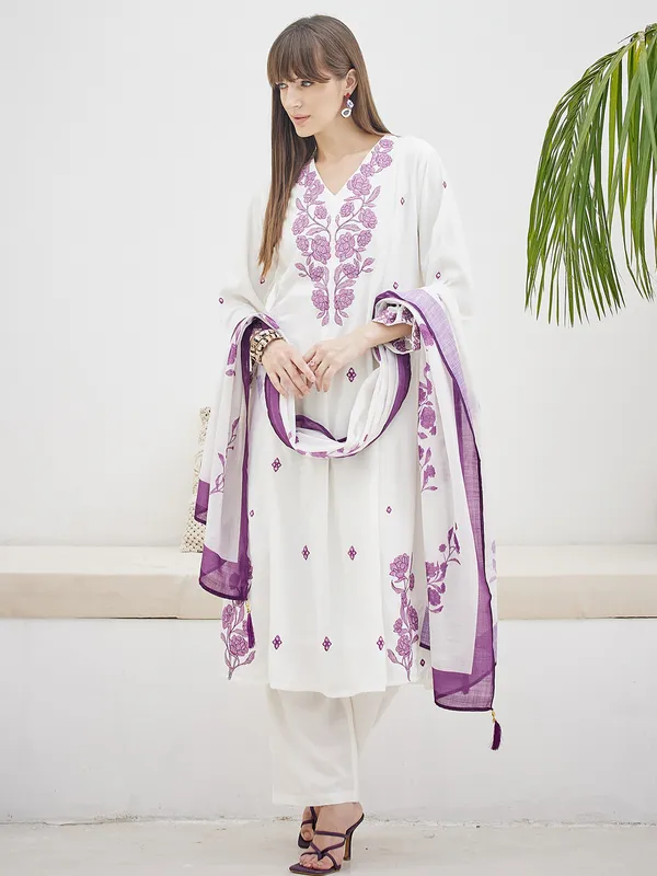 White_Embroidered_Viscose_Rayon_Kurta_Trouser_Dupatta_Set