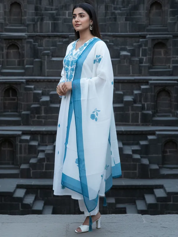 White_Embroidered_Viscose_Rayon_Kurta_Trouser_Dupatta_Set