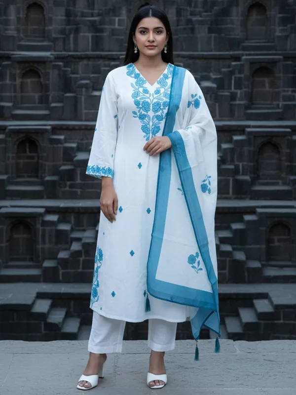 White_Embroidered_Viscose_Rayon_Kurta_Trouser_Dupatta_Set
