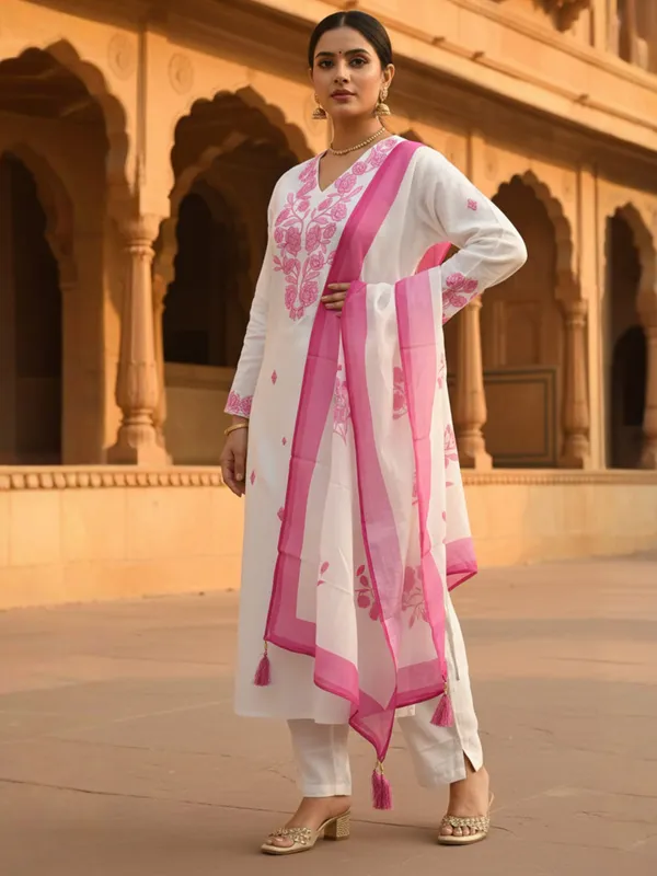 White_Embroidered_Viscose_Rayon_Kurta_Trouser_Dupatta_Set