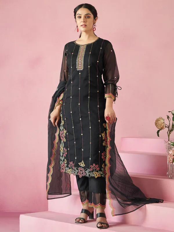Black_Embroidered_Straight_Kurta_Trousers_With_Dupatta_set
