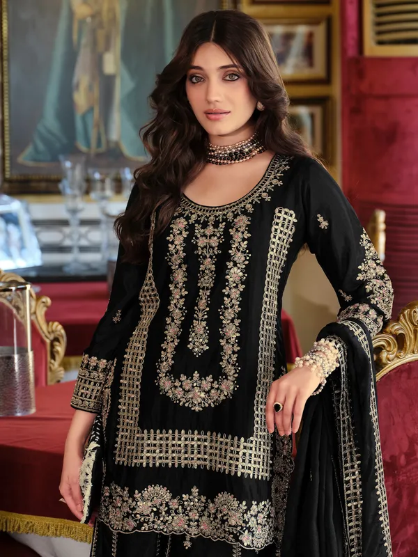 Black_Embroidered_Straight_Kurta_Palazzos_With_Dupatta_Set