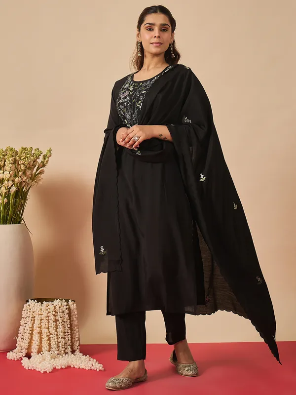 Black_Embroidered_Silk_Kurta_Trouser_Dupatta_Set
