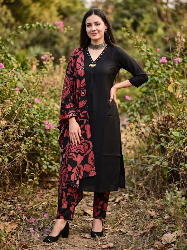 Black_Solid_Pure_Cotton_Kurta_Trouser_Dupatta_Set
