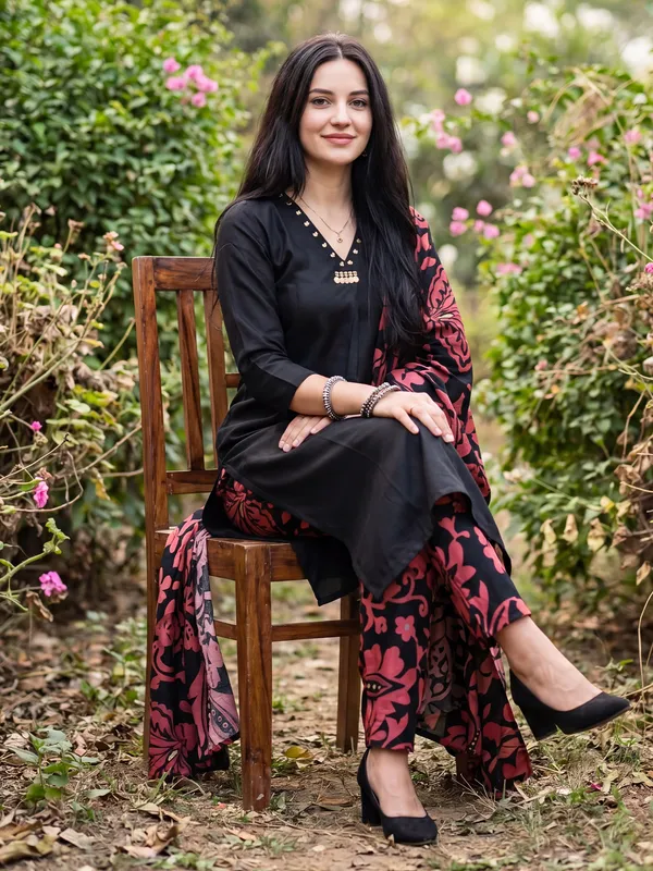 Black_Solid_Pure_Cotton_Kurta_Trouser_Dupatta_Set