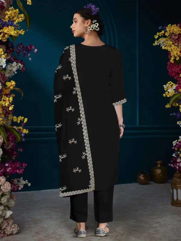 Black_Straight_Embroidered_Kurta_Trousers_With_Dupatta_Set