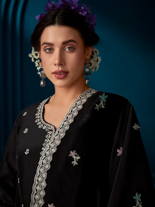 Black_Straight_Embroidered_Kurta_Trousers_With_Dupatta_Set