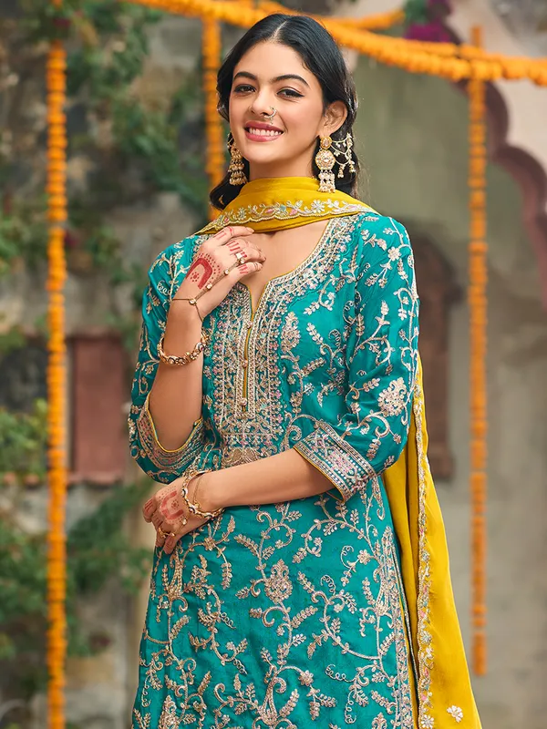 Blue_Embroidered_Silk_Kurta_Trouser_Dupatta_Set