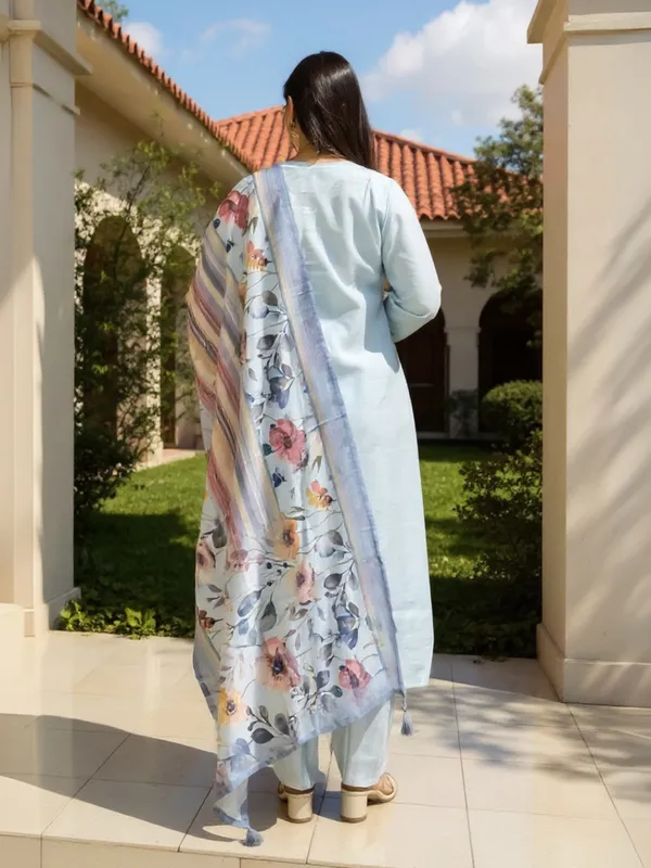 Blue_Self_Design_Cotton_Blend_Kurta_Trouser_Dupatta_Set