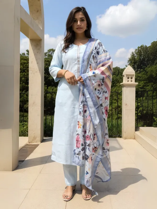 Blue_Self_Design_Cotton_Blend_Kurta_Trouser_Dupatta_Set