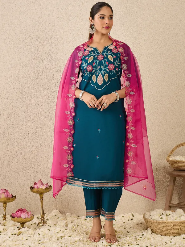 Blue_Embroidered_Silk_Kurta_Trouser_Dupatta_Set