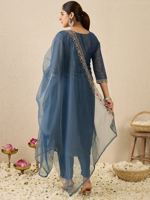 Blue_Embroidered_Liva_Kurta_Trouser_Dupatta_Set