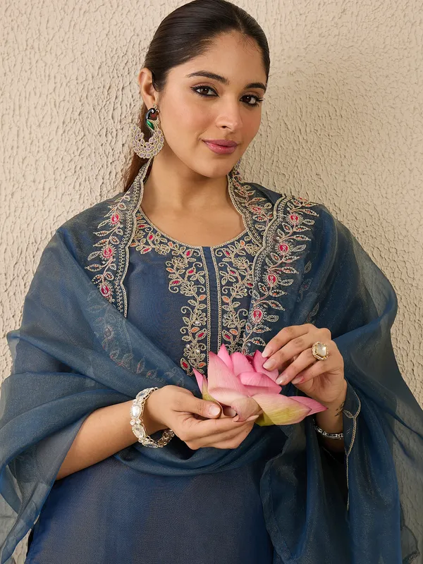 Blue_Embroidered_Liva_Kurta_Trouser_Dupatta_Set