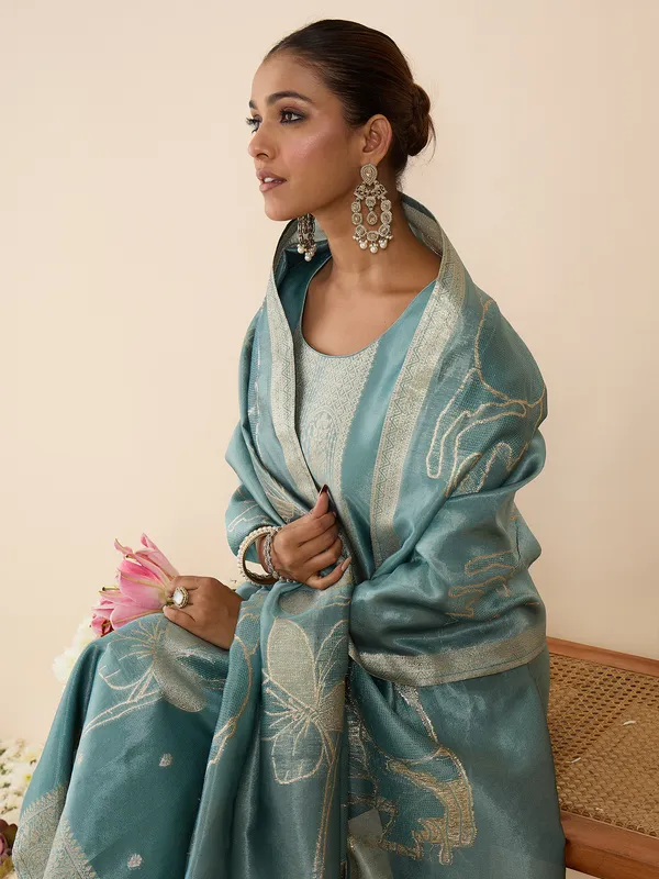 Blue_Woven_Design_Silk_Blend_Kurta_Trouser_Dupatta_Set
