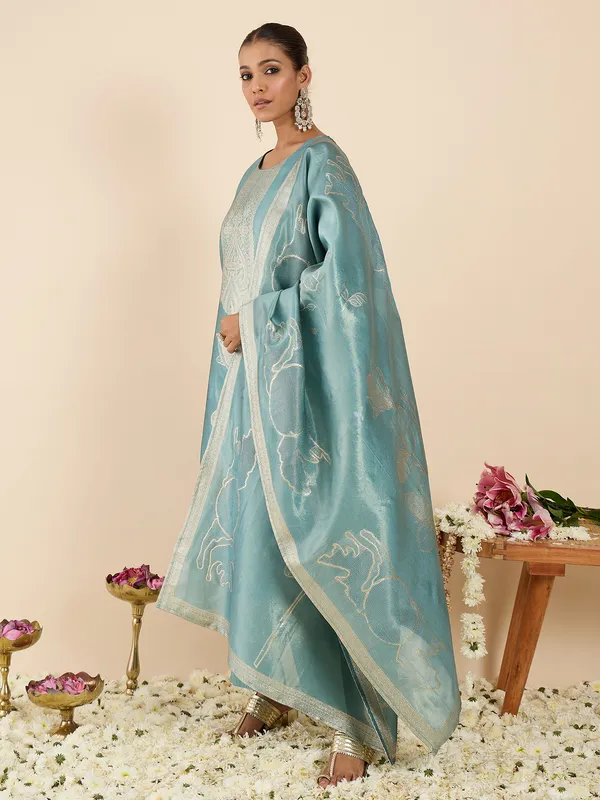 Blue_Woven_Design_Silk_Blend_Kurta_Trouser_Dupatta_Set