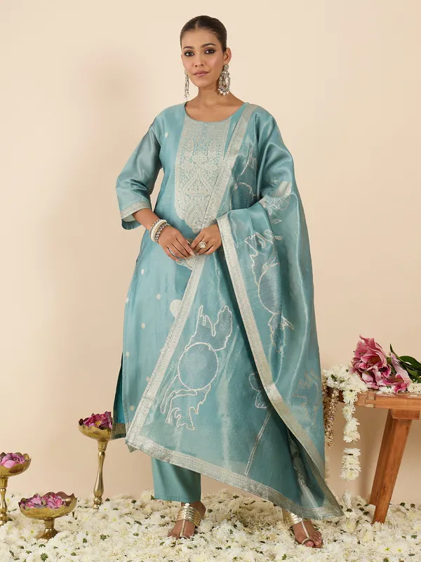 Blue_Woven_Design_Silk_Blend_Kurta_Trouser_Dupatta_Set