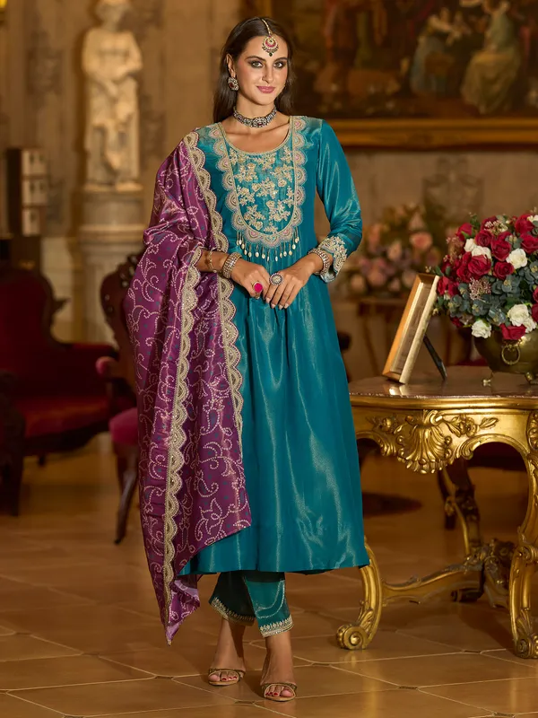 Blue_Embroidered_Silk_Blend_Kurta_Trouser_Dupatta_Set