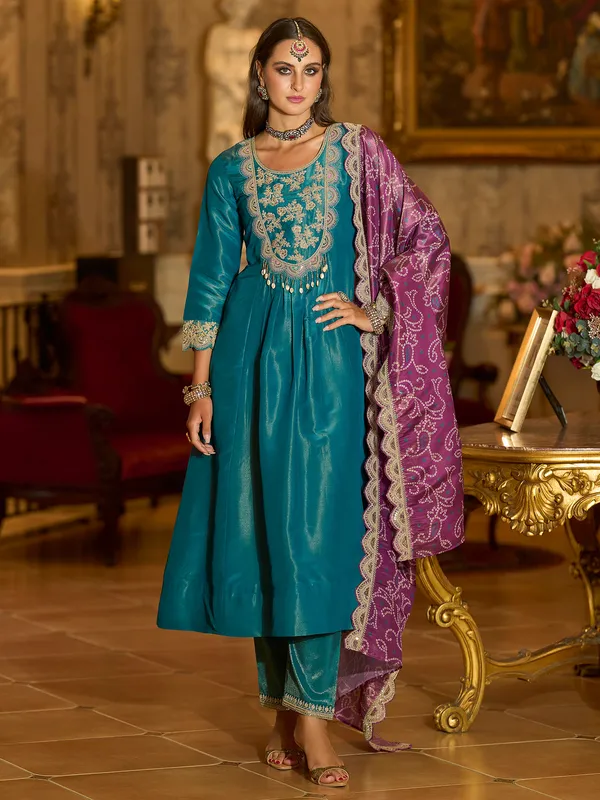 Blue_Embroidered_Silk_Blend_Kurta_Trouser_Dupatta_Set