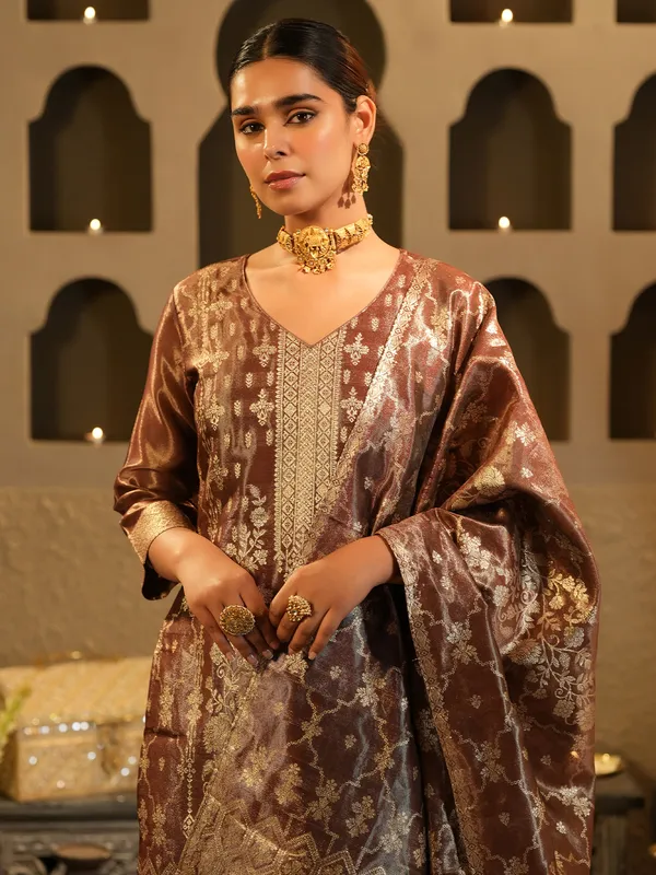 Brown_Silk_Blend_Printed_Kurta_Trouser_Dupatta_Set