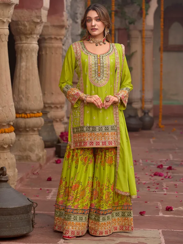 Green_Embroidered_Straight_Kurta_Sharara_With_Dupatta_Set
