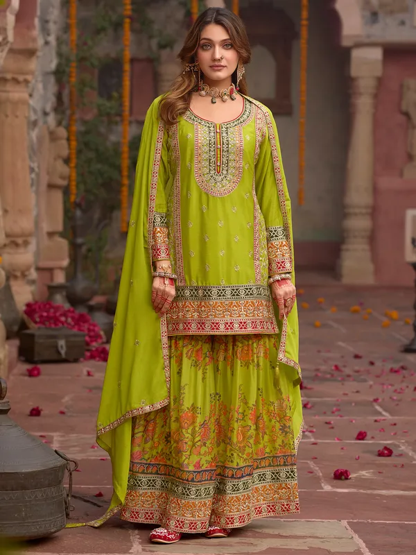 Green_Embroidered_Straight_Kurta_Sharara_With_Dupatta_Set