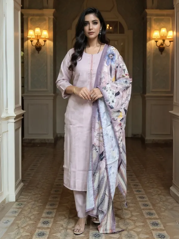 Lavender_Embroidered_Cotton_Blend_Kurta_Trouser_Dupatta_Set