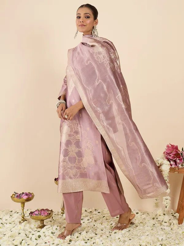 Lavender_Silk_Blend_Printed_Kurta_Trouser_Dupatta_Set