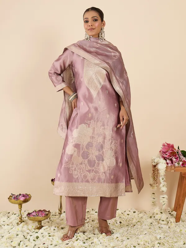 Lavender_Silk_Blend_Printed_Kurta_Trouser_Dupatta_Set