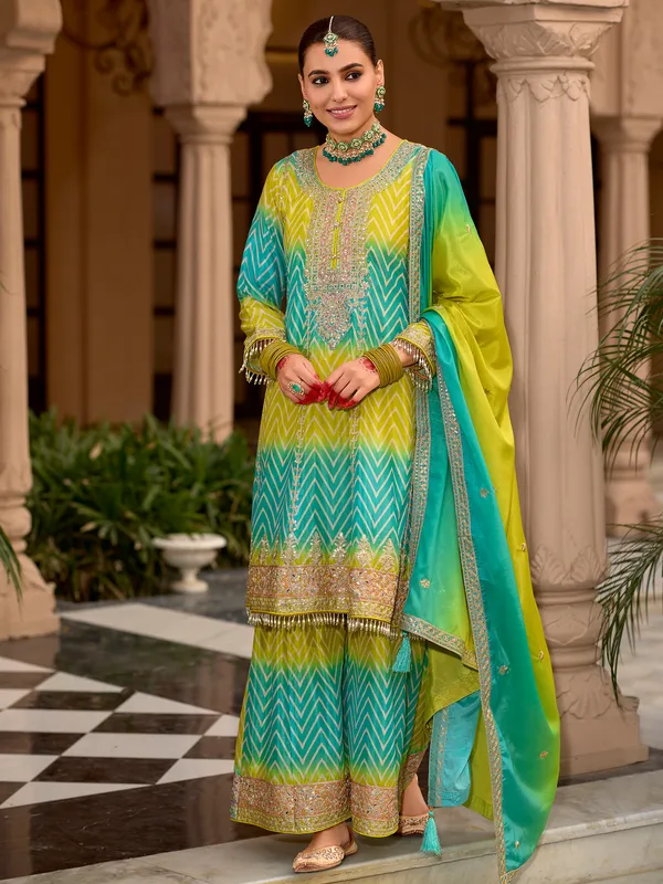 Multicolor_Embroidered_Chinon_Kurta_Trouser_Dupatta_Set