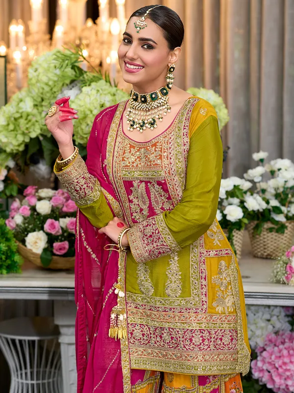 Multicolor_Embroidered_Chinon_Kurta_Trouser_Dupatta_Set